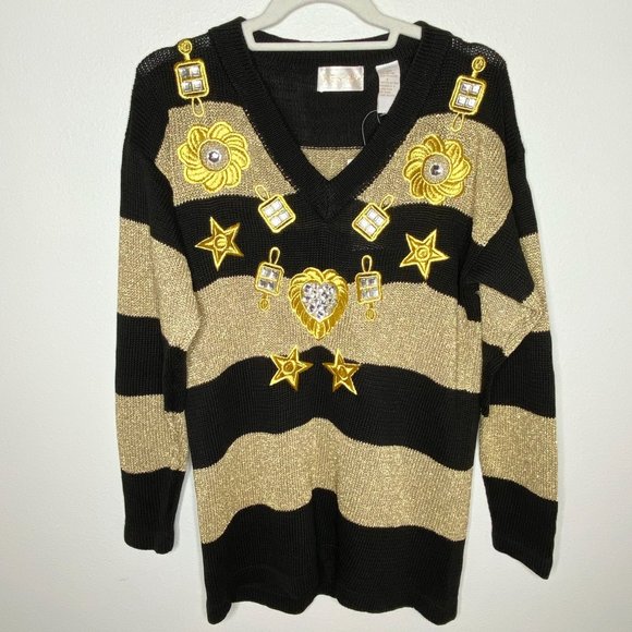 NEW XES-NY Gold & Black Striped Sweater Mob Wife Avant Garde - Picture 2 of 9